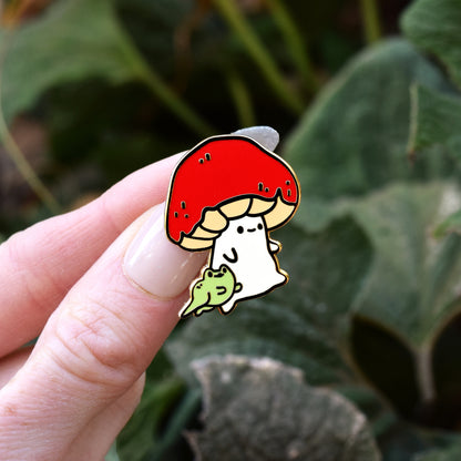 Mushroom and Froggy Friend Walking Enamel Pin