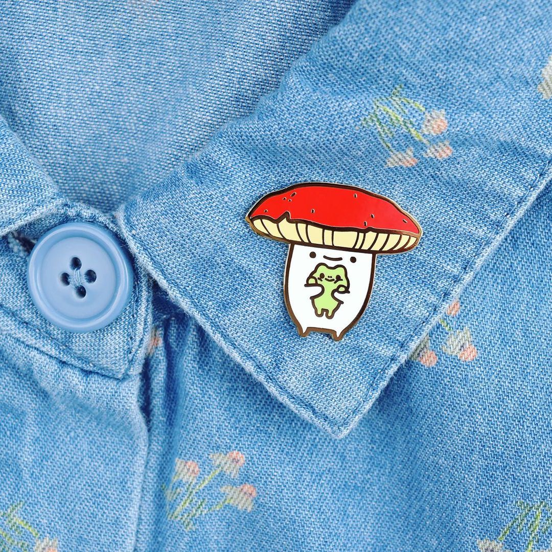 Froggy Hug Mushroom Enamel Pin