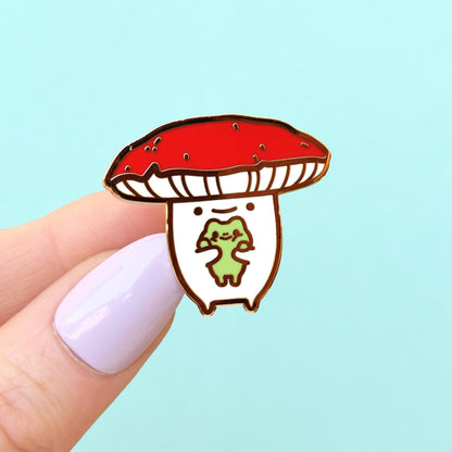 Froggy Hug Mushroom Enamel Pin