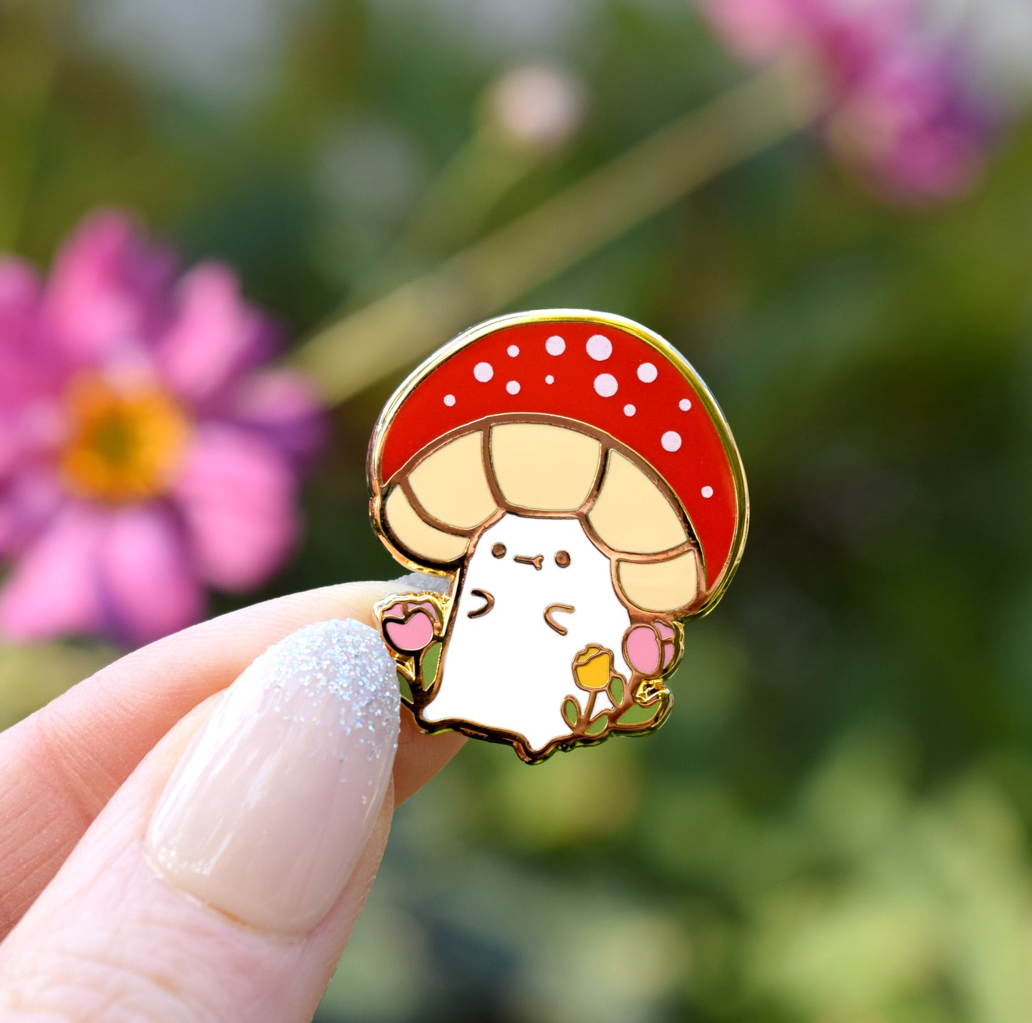 Sitting in the Flowers Mushroom Enamel Pin