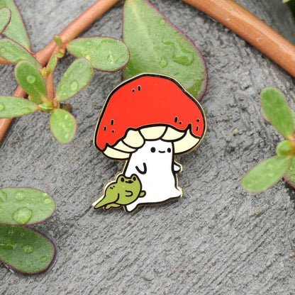 Mushroom and Froggy Friend Walking Enamel Pin